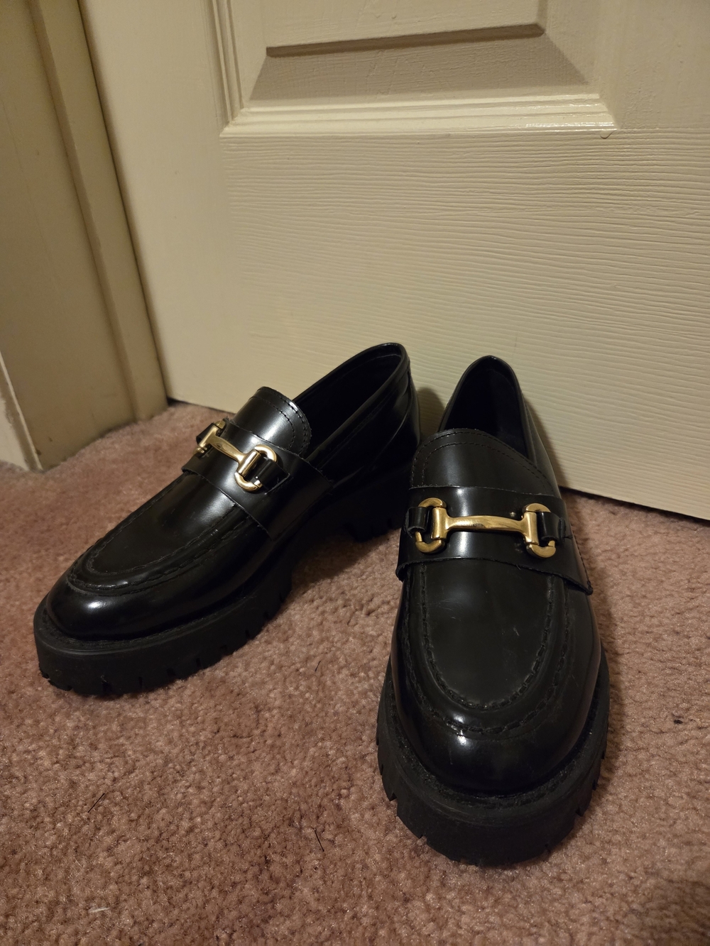 Steve Madden Black Loafers with Gold Hardware